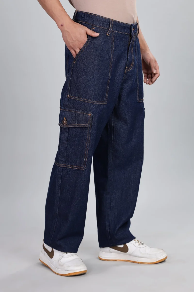 Inkd Sapphire Sphere Men's Cargo Carpenter Baggy Jeans – Mid-Rise | 100% Cotton | Contrast Stitch| 6 Pocket Styling | Baggy Jeans for Man | Cargo for Men for Men | Best Price UAE